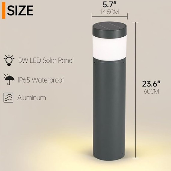 Solar Path Light Cylinder Black Landscape Lighting Aluminum Housing Pathway Light Outdoor IP65 Waterproof Modern LED Solar Garden Lights for Yard Lawn Front/Back Door Decoration